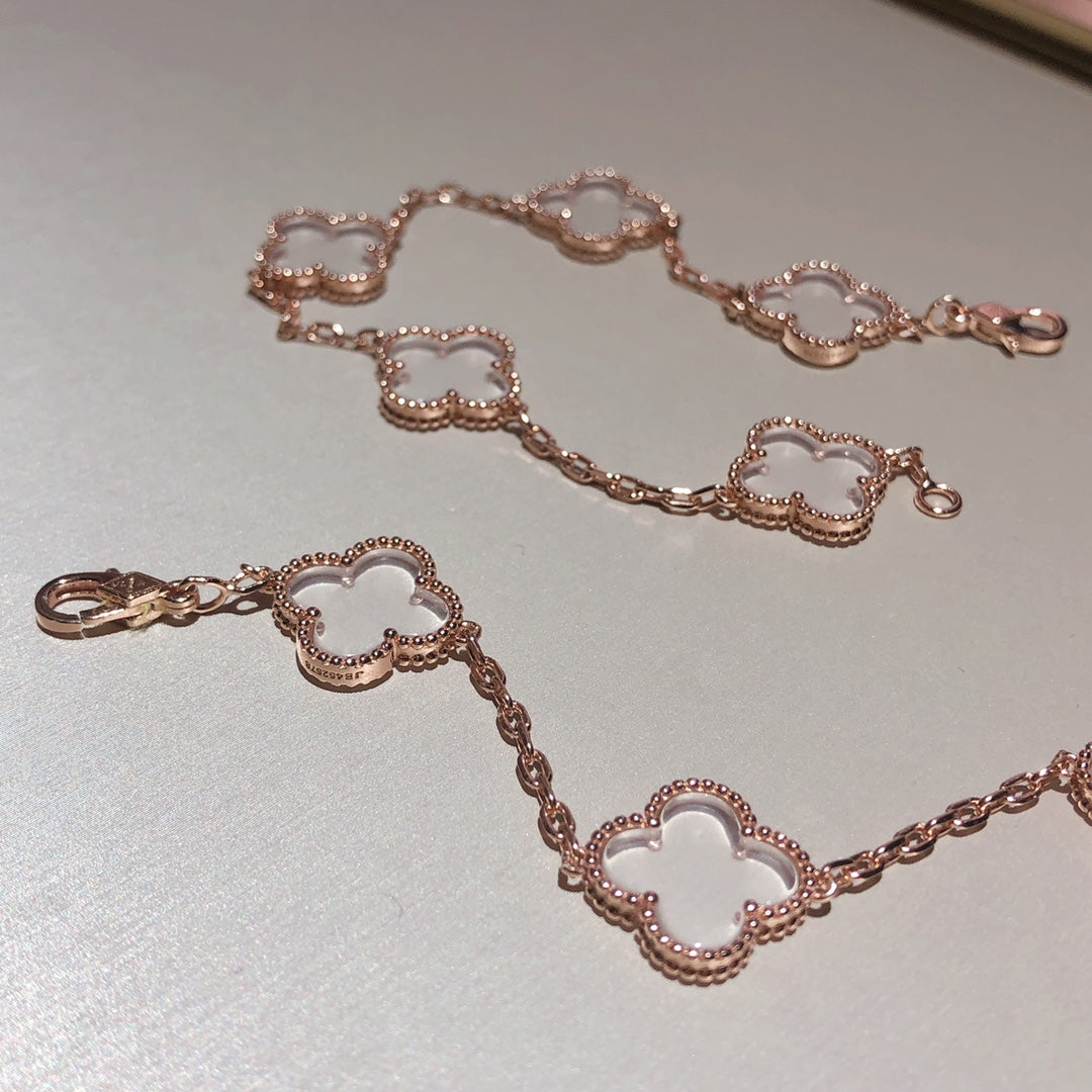 [GALE]CLOVER 5 MOTIF ROCK CRYSTAL PINK GOLD BRACELET