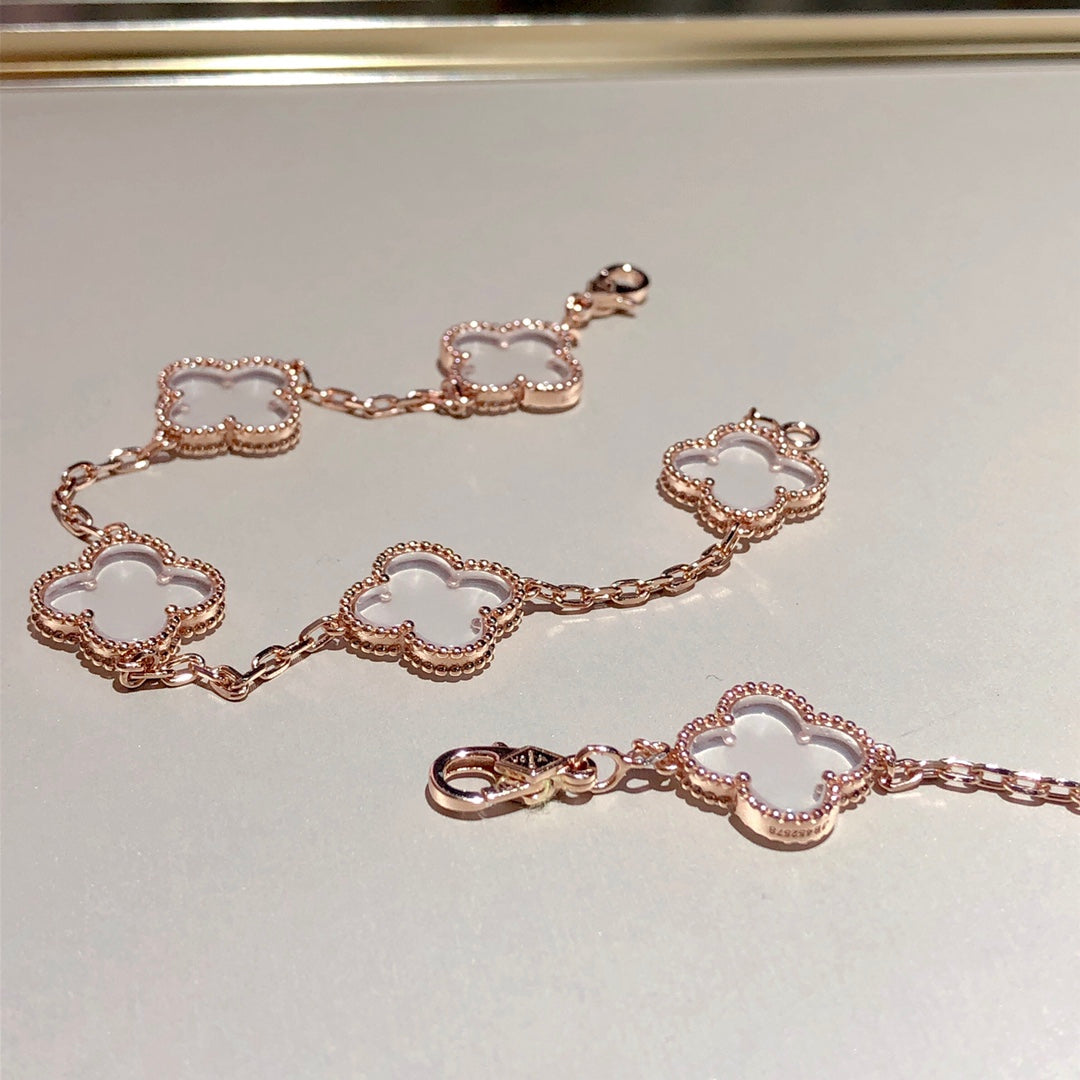 [GALE]CLOVER 5 MOTIF ROCK CRYSTAL PINK GOLD BRACELET