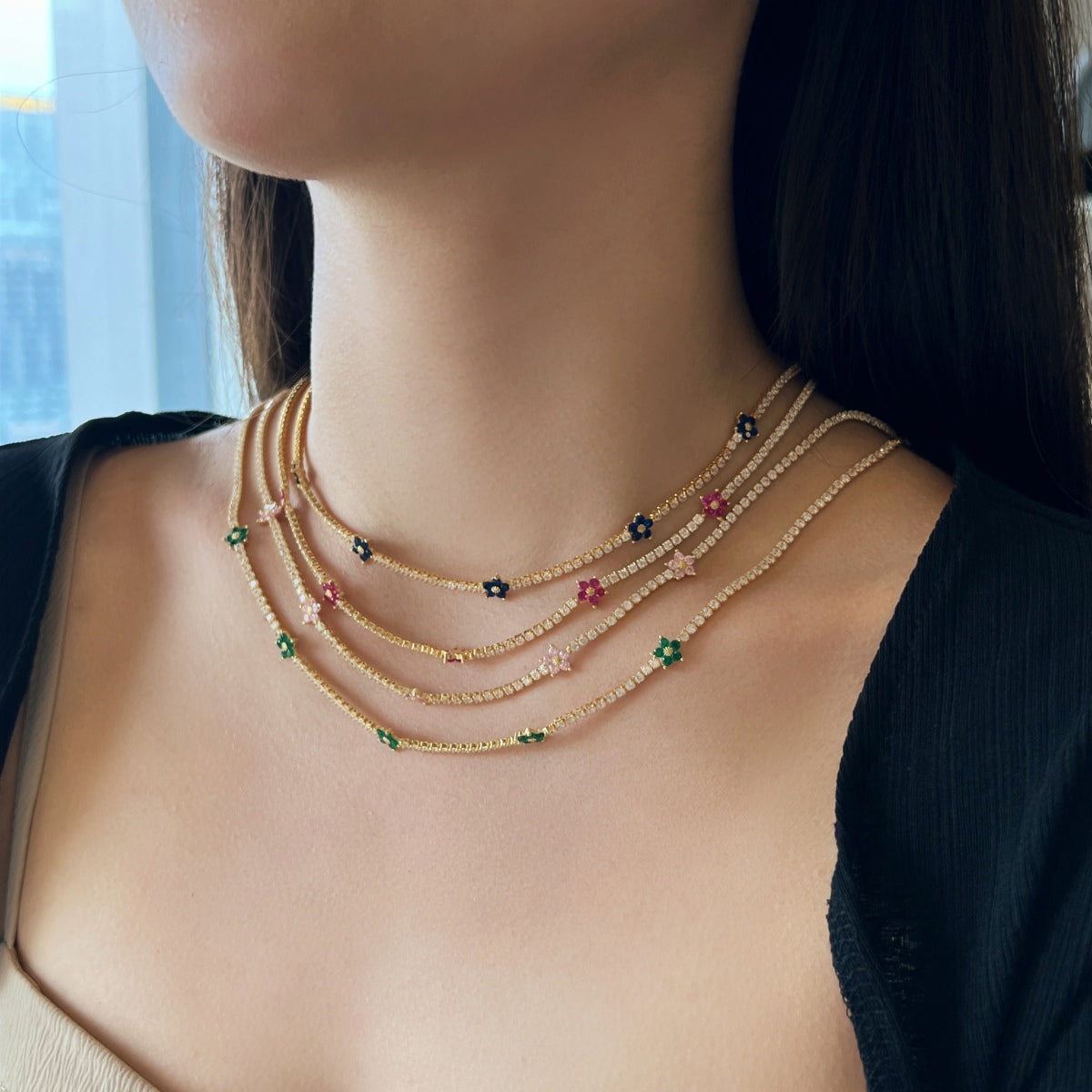 [NOVO]ラグジュアリーなカラフルフラワーテニスネックレス