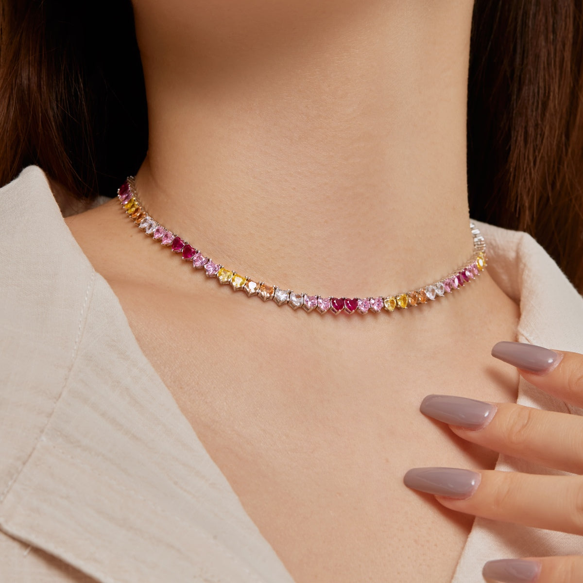[NOVO] Funkelnde, farbenfrohe Tennis-Halskette in Herzform