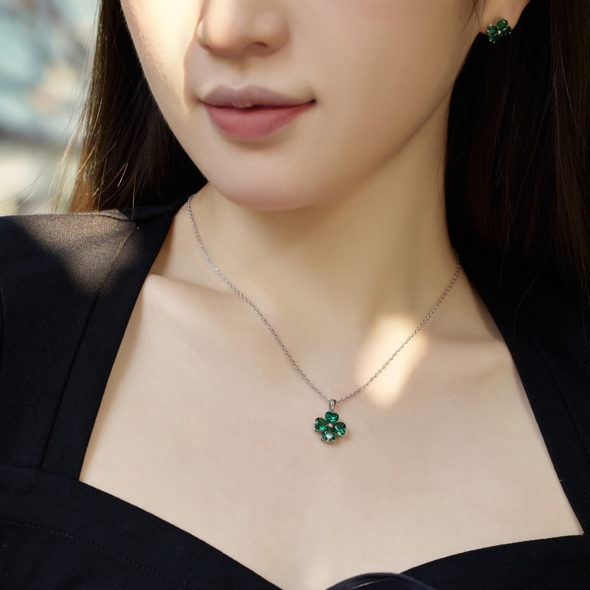 [GALE]Heart-Shaped Four-Leaf Clover Bead Necklace