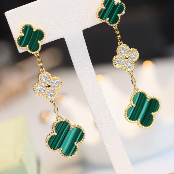 [GALE]CLOVER EARRINGS GOLD MALACHITE DIAMOND 3 MOTIF