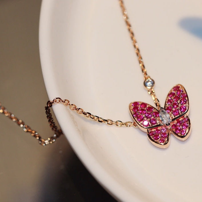 [GALE]BUTTERFLY RED DIAMOND ROSE GOLD NECKLACE