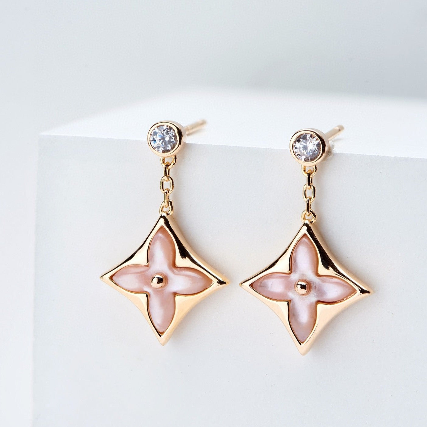 [GALE]DOUBLE STAR PINK GOLD MOP DROP EARRINGS