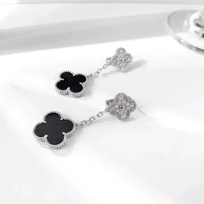 [GALE]CLOVER 2 MOTIFS  DIAMOND ONYX EARRINGS SILVER