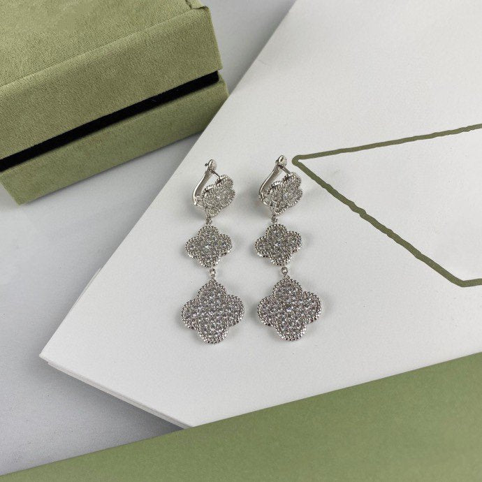 [GALE]CLOVER 3 MOTIF DIAMOND SILVER DROP EARRINGS