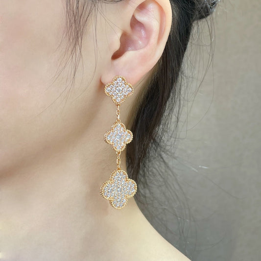 [GALE]CLOVER 3 MOTIFS DIAMOND PAVED ROSE GOLD EARRINGS