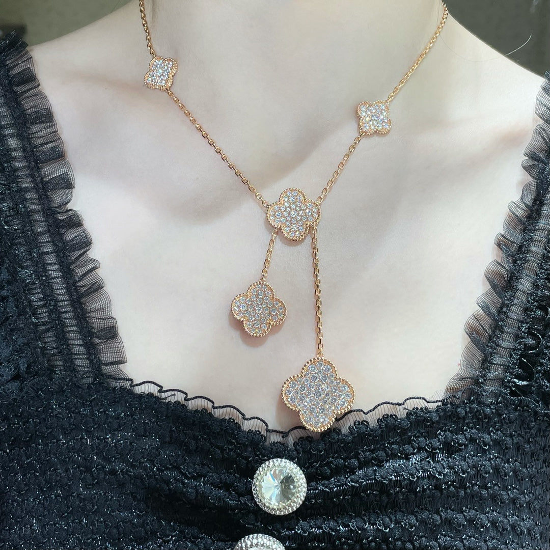 [GALE]CLOVER 6 MOTIF DIAMOND PAVED NECKLACE