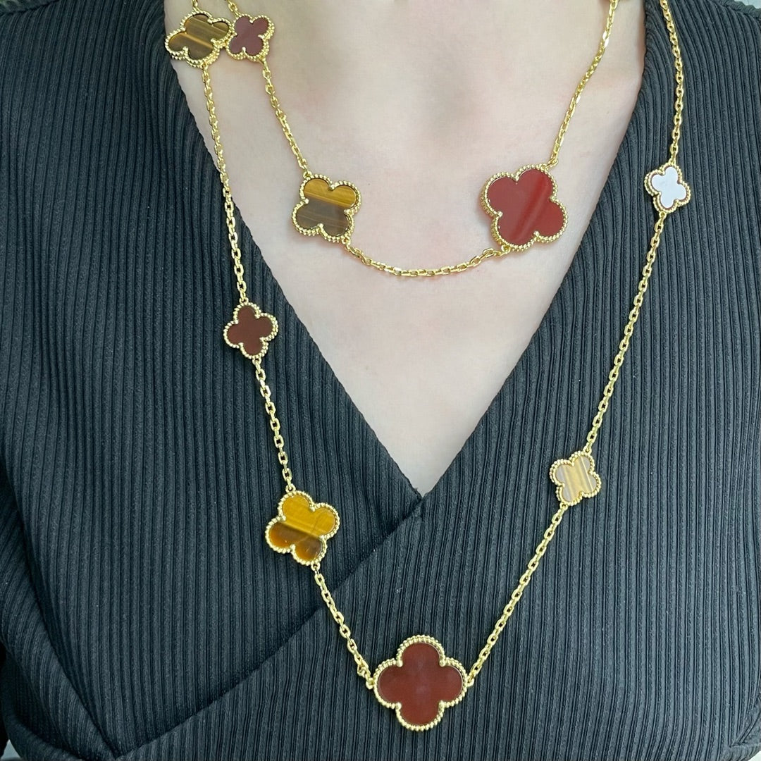 [GALE]CLOVER 16 MOTIF CARNELIAN TIGER EYE ROSE GOLD NECKLACE