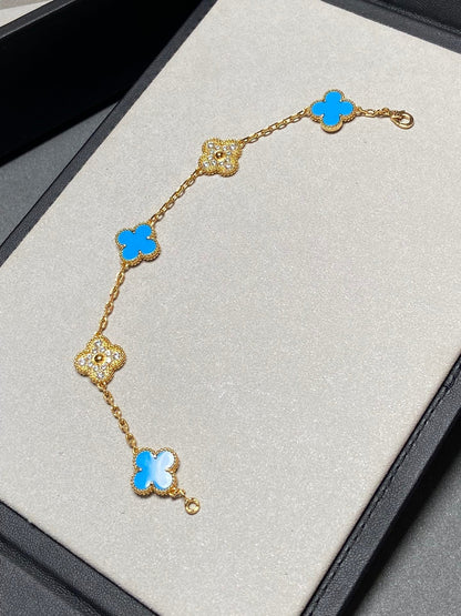 [GALE]CLOVER 5 MOTIF BLUE CHALCEDONY DIAMOND GOLD BRACELET