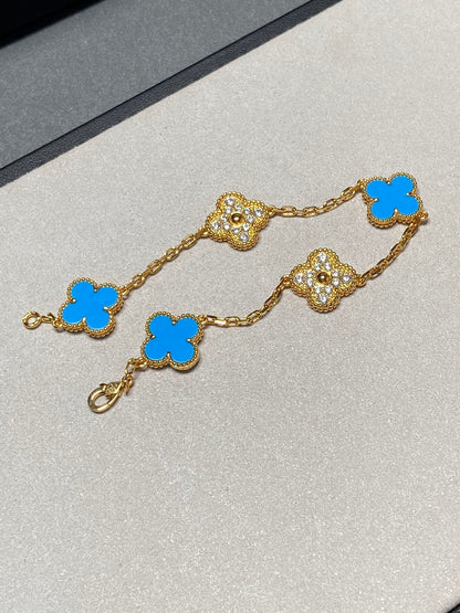 [GALE]CLOVER 5 MOTIF BLUE CHALCEDONY DIAMOND GOLD BRACELET