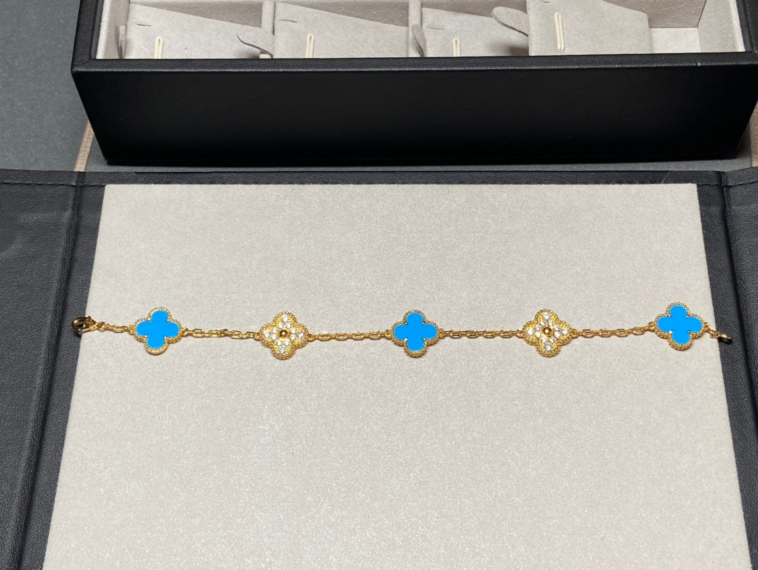 [GALE]CLOVER 5 MOTIF BLUE CHALCEDONY DIAMOND GOLD BRACELET