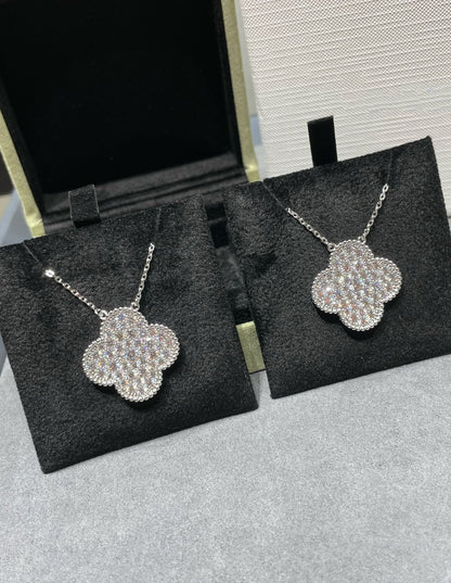 [GALE]CLOVER 25MM LARGE PENDANT DIAMOND PAVED SILVER NECKLACE