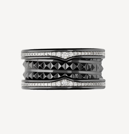 [GALE]ZERO 1 ROCK FOUR-BAND BLACK CERAMIC WITH STUDDED SPIRAL AND PAVED DIAMONDS RING