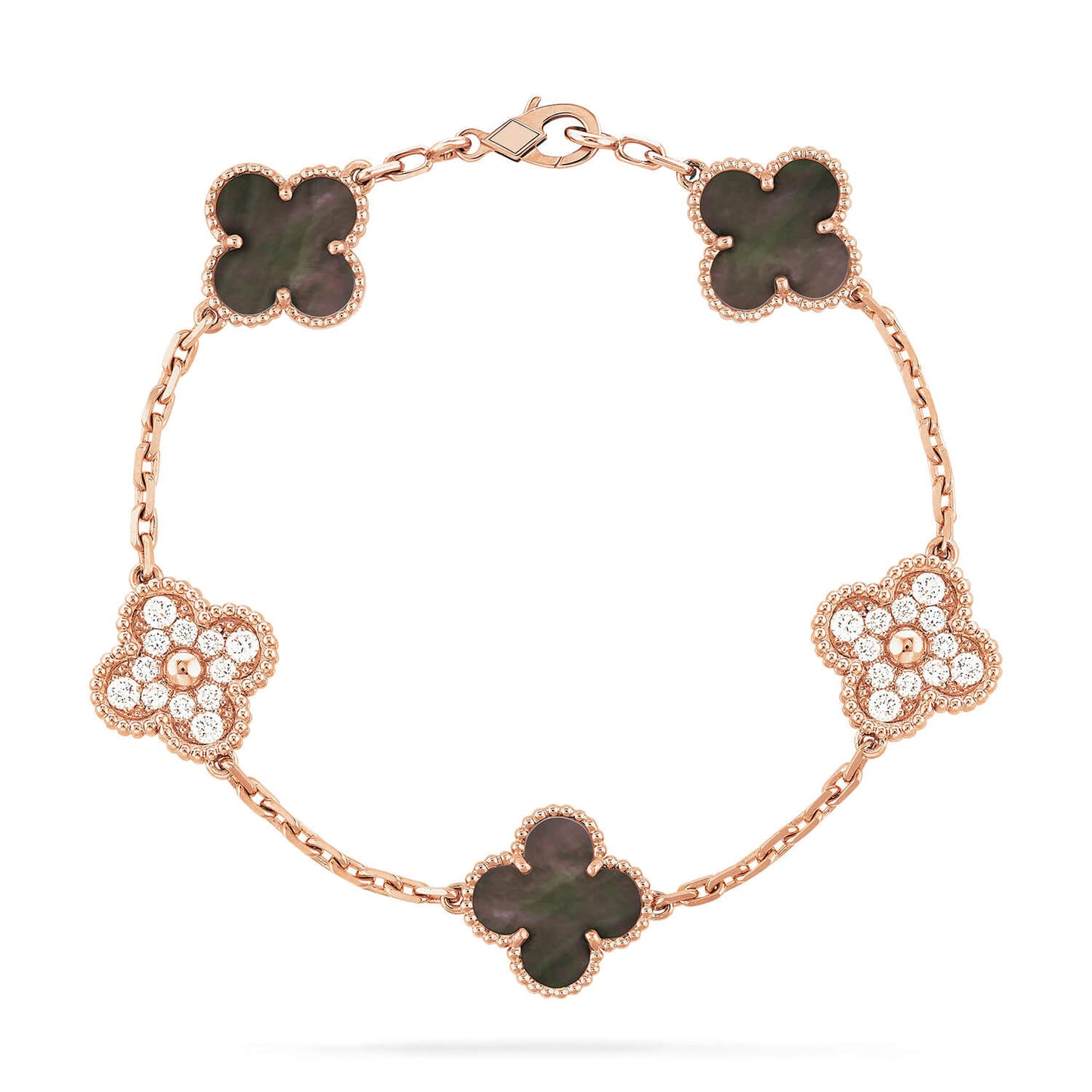 [NOVO]CLOVER 5 MOTIFS DARK MOP AND DIAMONDS PINK GOLD ARMBAND 