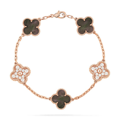 [NOVO]CLOVER 5 MOTIFS DARK MOP AND DIAMONDS PINK GOLD ARMBAND 