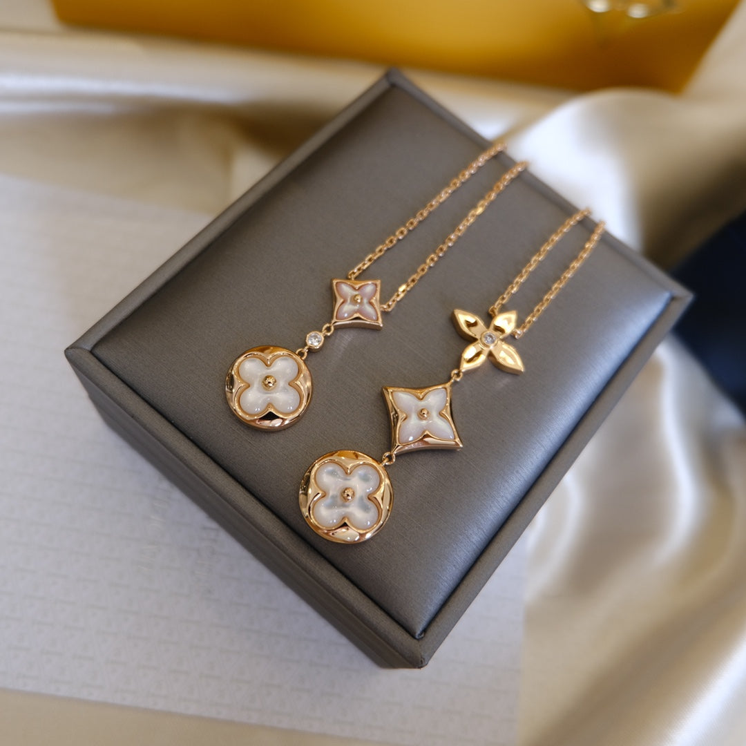 [GALE]COLOR BLOSSOM LARIAT NECKLACE PINK GOLD WHITE MOTHER PEARL AND DIAMOND