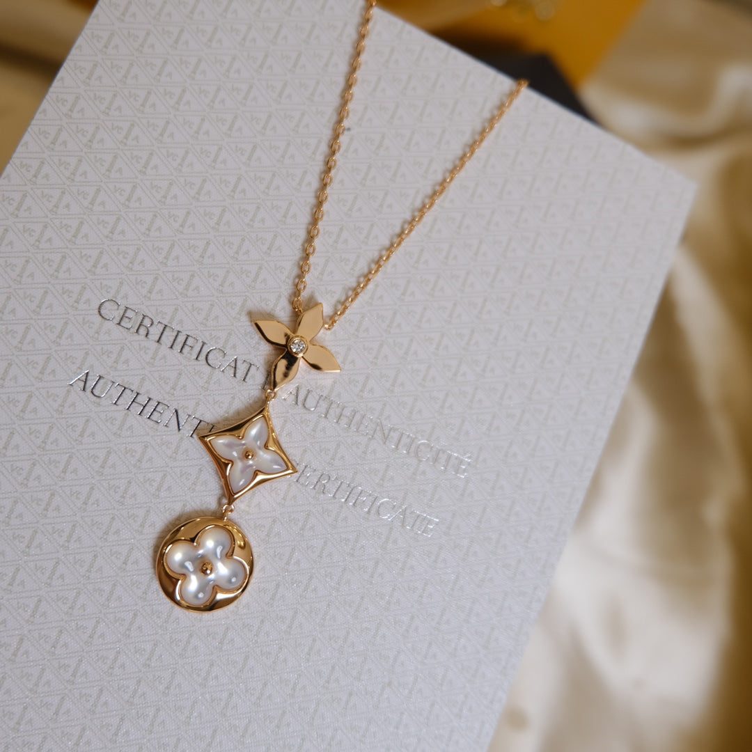 [GALE]COLOR BLOSSOM LARIAT NECKLACE PINK GOLD WHITE MOTHER PEARL AND DIAMOND