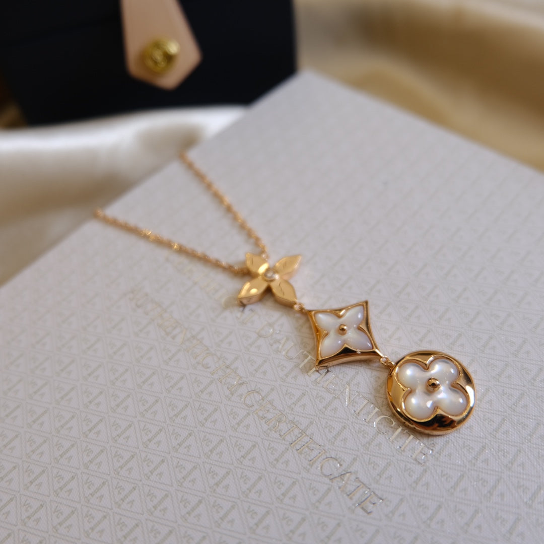 [GALE]COLOR BLOSSOM LARIAT NECKLACE PINK GOLD WHITE MOTHER PEARL AND DIAMOND