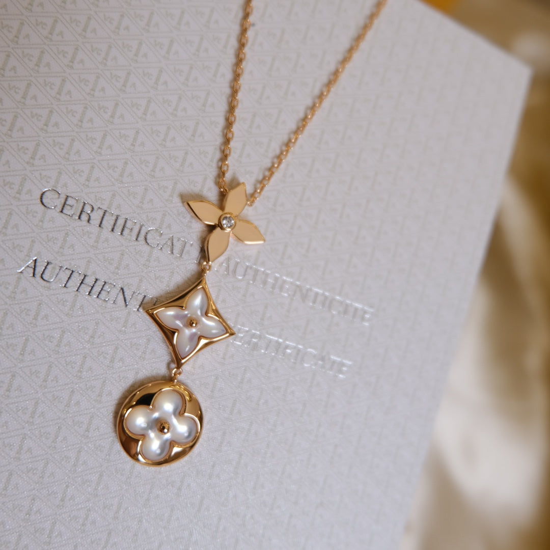 [GALE]COLOR BLOSSOM LARIAT NECKLACE PINK GOLD WHITE MOTHER PEARL AND DIAMOND