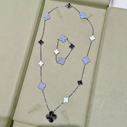 [GALE]DETACHABLE CLOVER 15(11+4) FLOWER SILVER NECKLACE SET