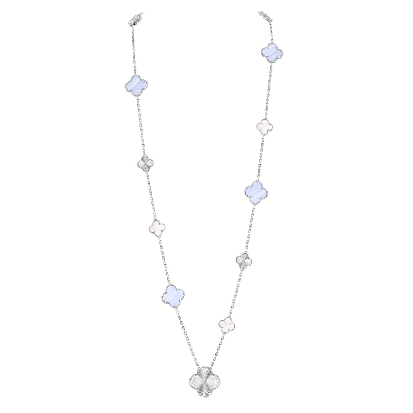 [GALE]DETACHABLE CLOVER 15(11+4) FLOWER SILVER NECKLACE SET