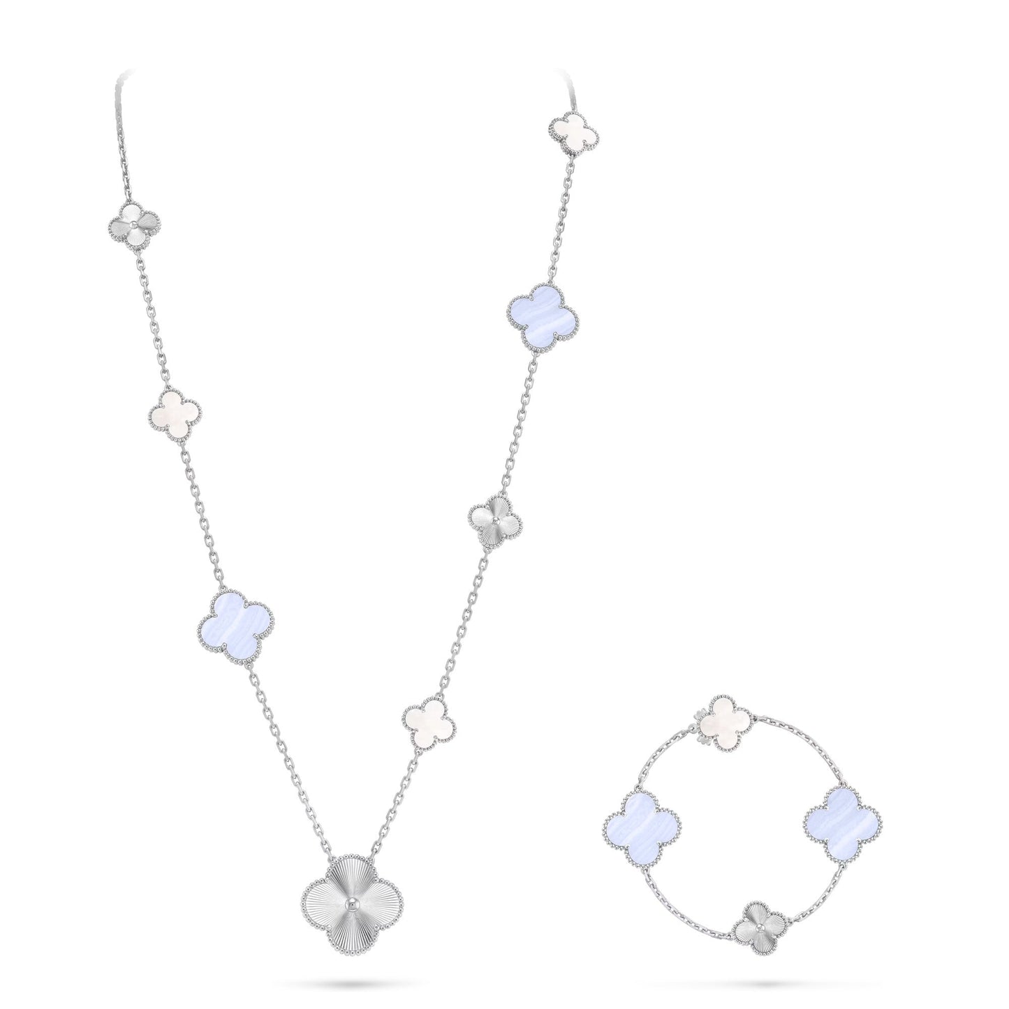 [GALE]DETACHABLE CLOVER 15(11+4) FLOWER SILVER NECKLACE SET