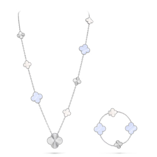 [GALE]DETACHABLE CLOVER 15(11+4) FLOWER SILVER NECKLACE SET