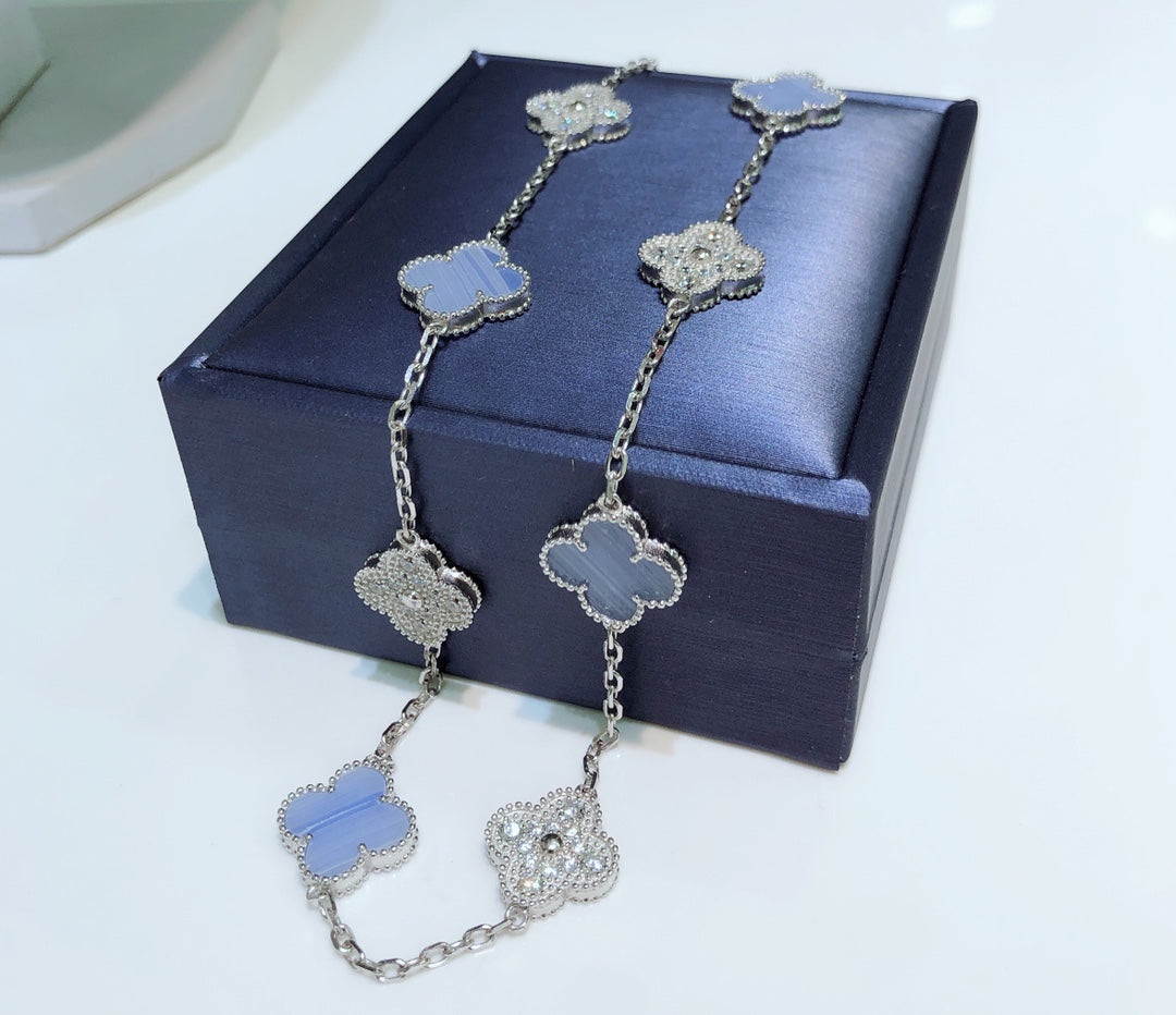 [GALE]CLOVER 10 MOTIFS CHALCEDONY DIAMONDS SILVER NECKLACE