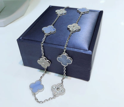 [GALE]CLOVER 10 MOTIFS CHALCEDONY DIAMONDS SILVER NECKLACE