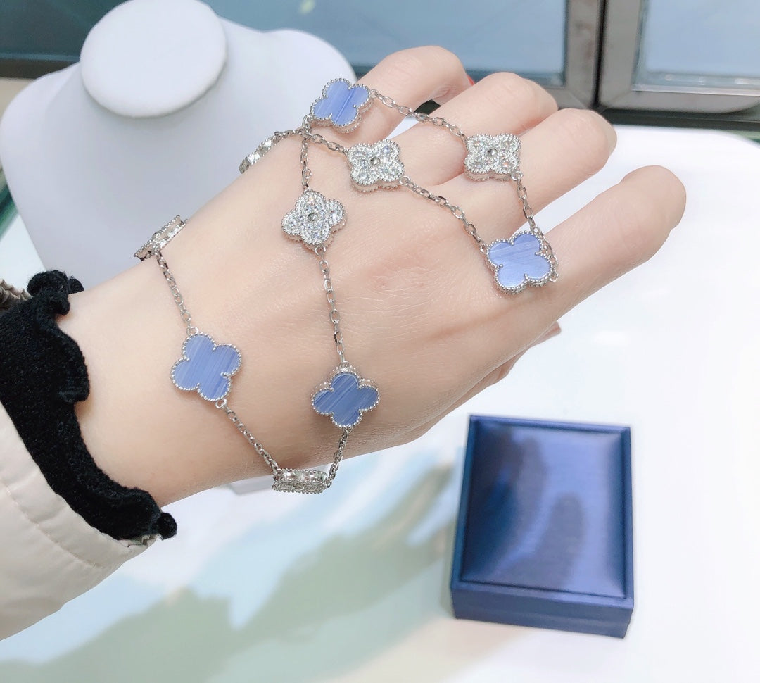 [GALE]CLOVER 10 MOTIFS CHALCEDONY DIAMONDS SILVER NECKLACE